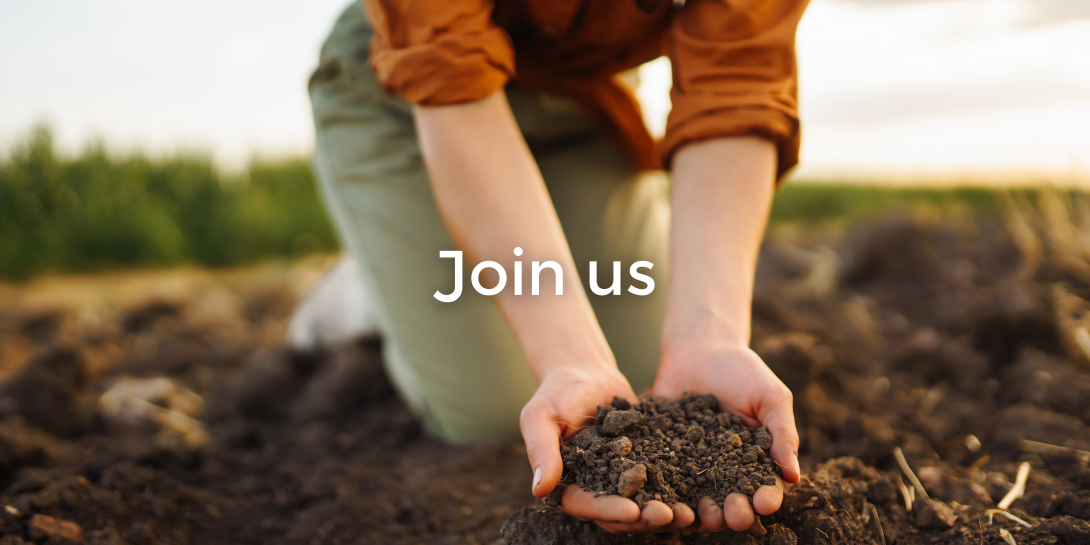 Hands holding soil with text reading 'Join Us' overlaid