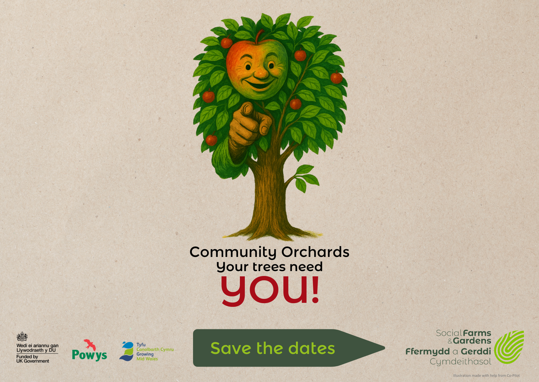 An apple tree pointing to the viewer