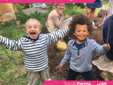 two excited children with adults looking on, with the text help shape our strategic plan for the next five years, and dual language logo