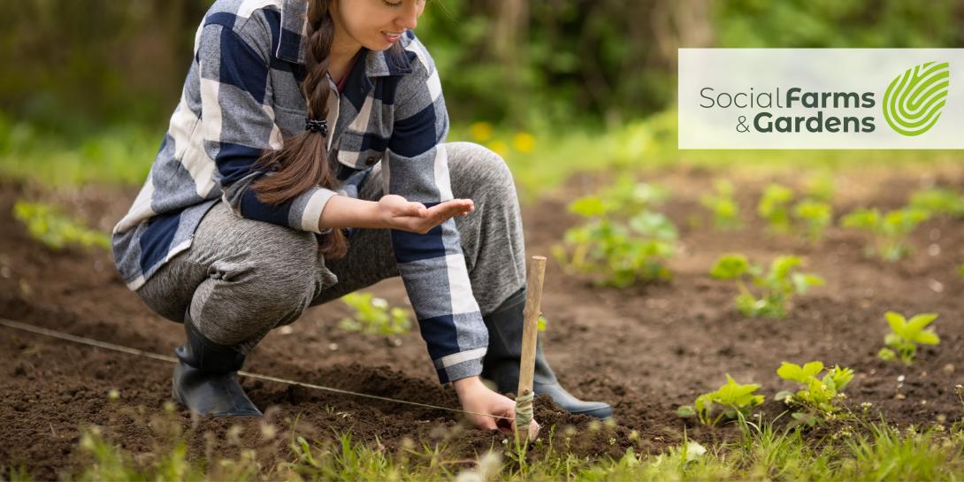 Woman working on the land with logo overlay